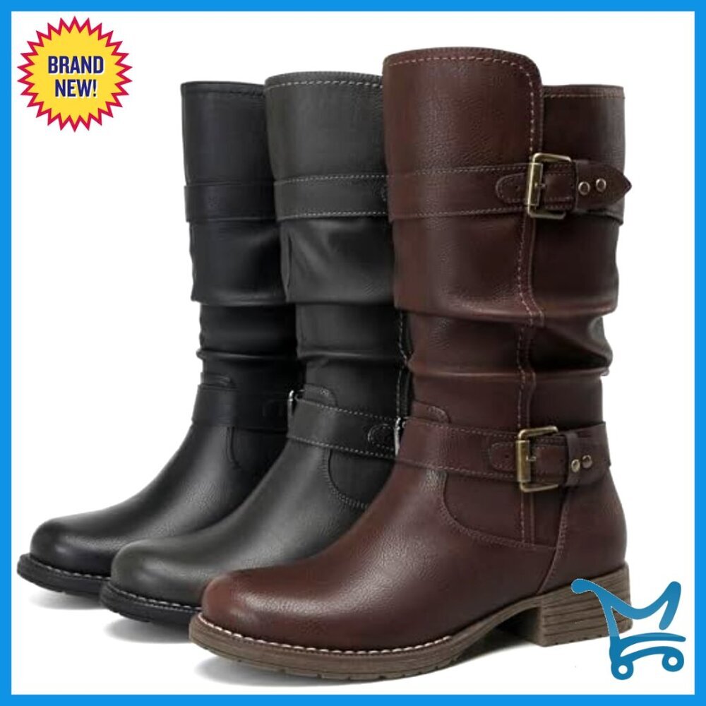 Women's Mid Calf Boots Chunky Low Heel Zipper Comfort Booties Dress Boot - Picture 7 of 7